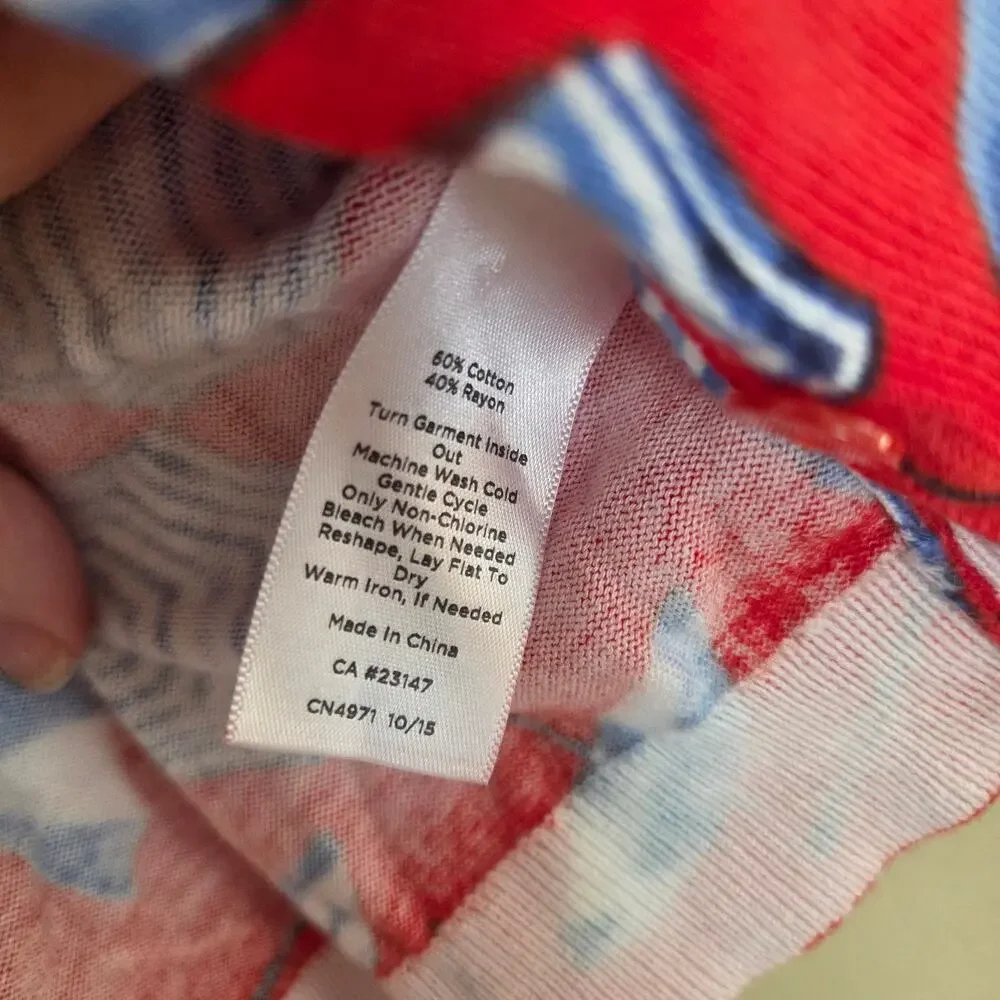 Talbots Beach Umbrella Print Cardigan Sweater Womens Large Red Blue Button Front